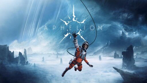 Astronaut Ariane Montclair dangles from a long tether over the frozen, blue-hued landscape and jagged rocks of the planet Persephone in Aphelion.