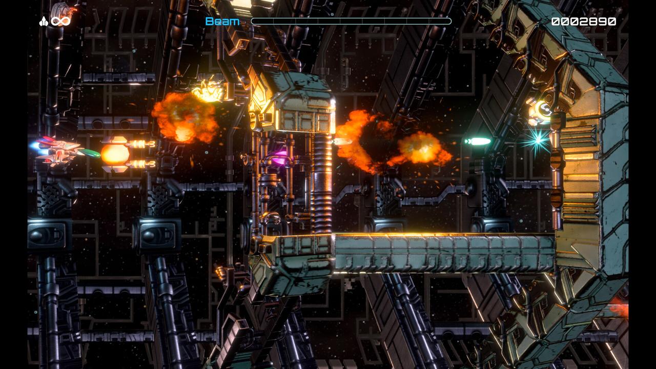 R-Type Dimensions III gameplay screenshot showing the player's ship with an attached Force pod navigating the tight, industrial mechanical structures of the Heavy Metal Corridor.