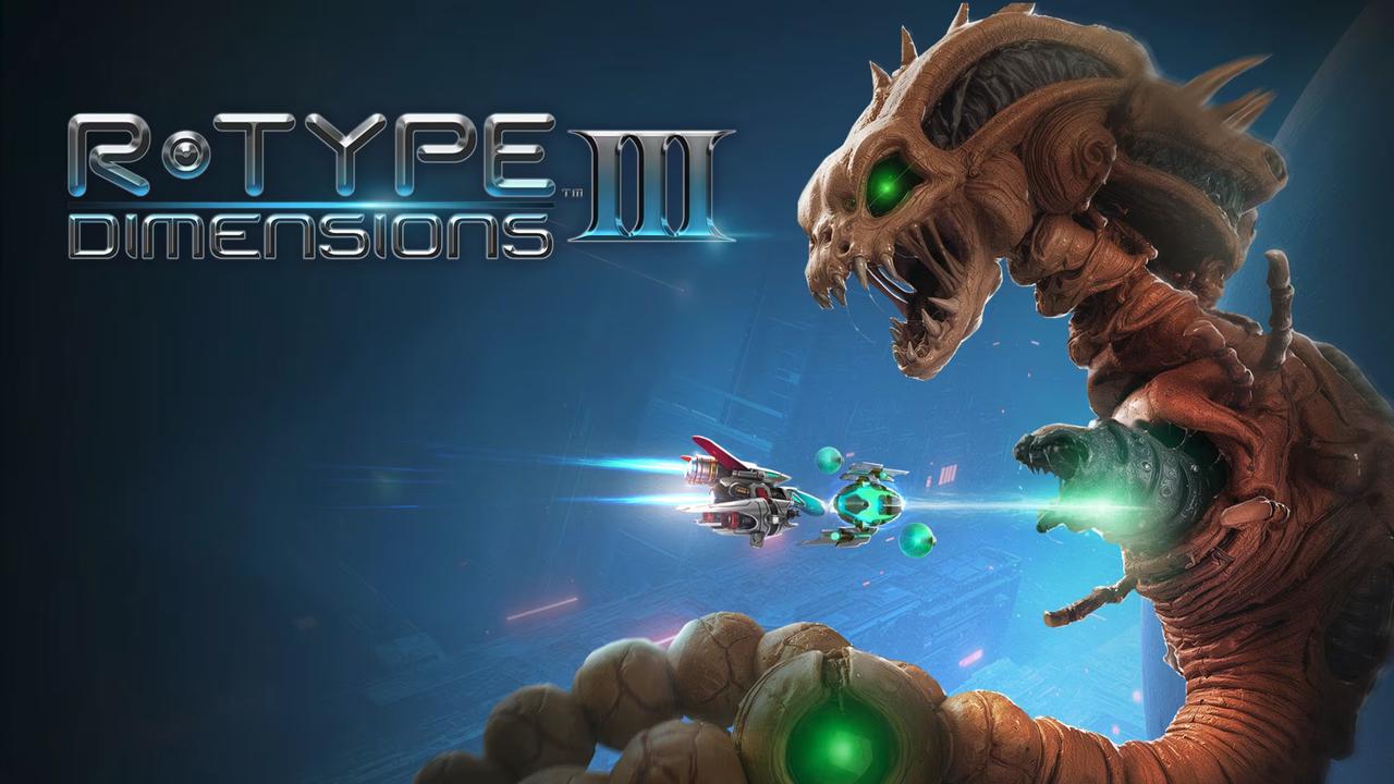 Official key art for R-Type Dimensions III displaying the player's ship firing at a massive Bydo alien boss.