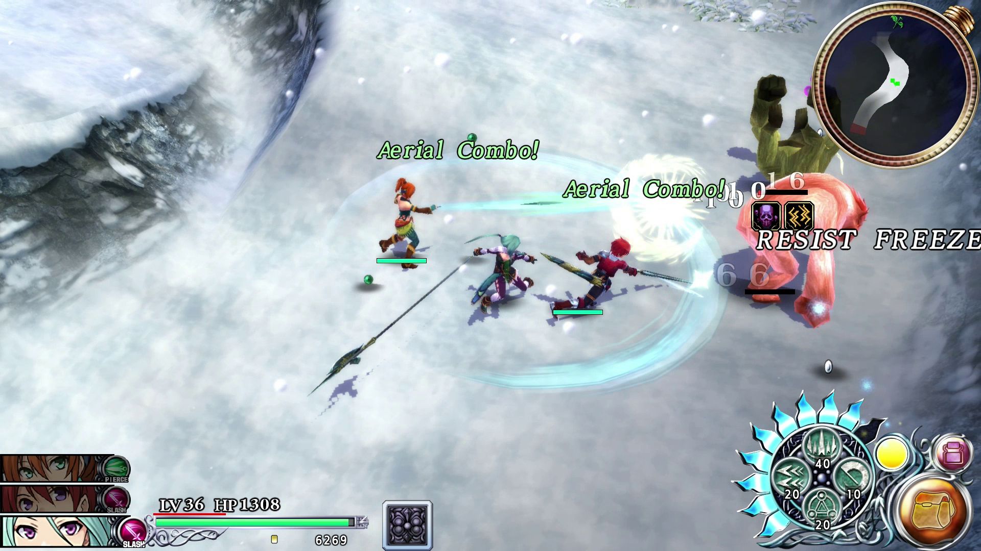 YsMemoireRevelationsInCelceta_Screenshot_Battle_01 Three characters attacking a pink monster in a snowy landscape with health bars and a mini-map visible