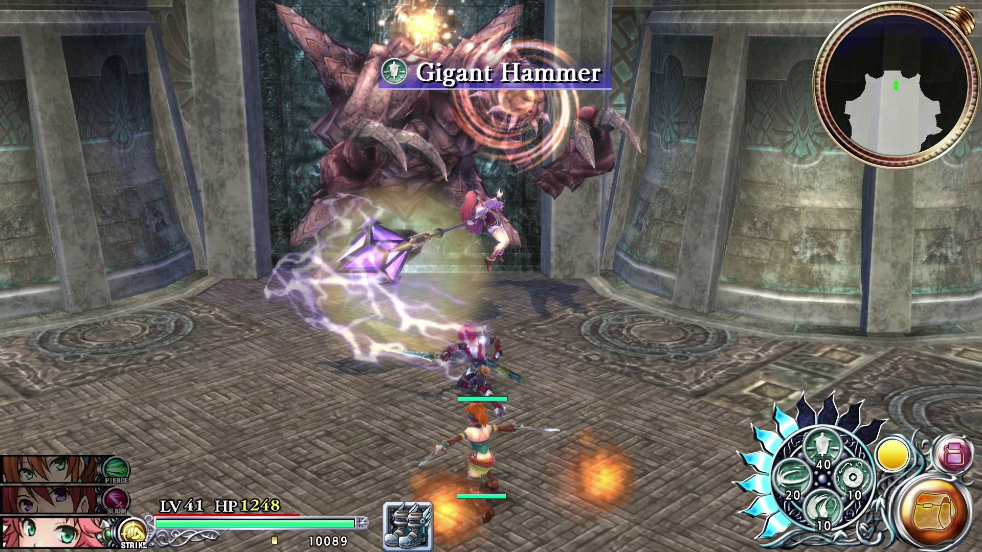 YsMemoireRevelationsInCelceta_Screenshot_Battle_03 Video game battle scene with three characters attacking a large creature named Gigant Hammer in a stone arena