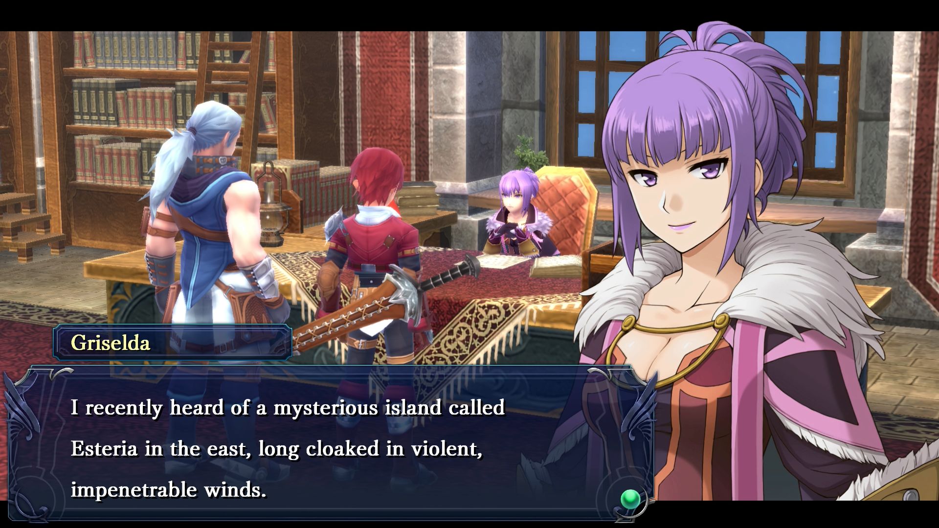 YsMemoireRevelationsInCelceta_Screenshot_Story_01 Video game scene with four characters in a library; a purple-haired woman named Griselda speaking about a mysterious island called Esteria