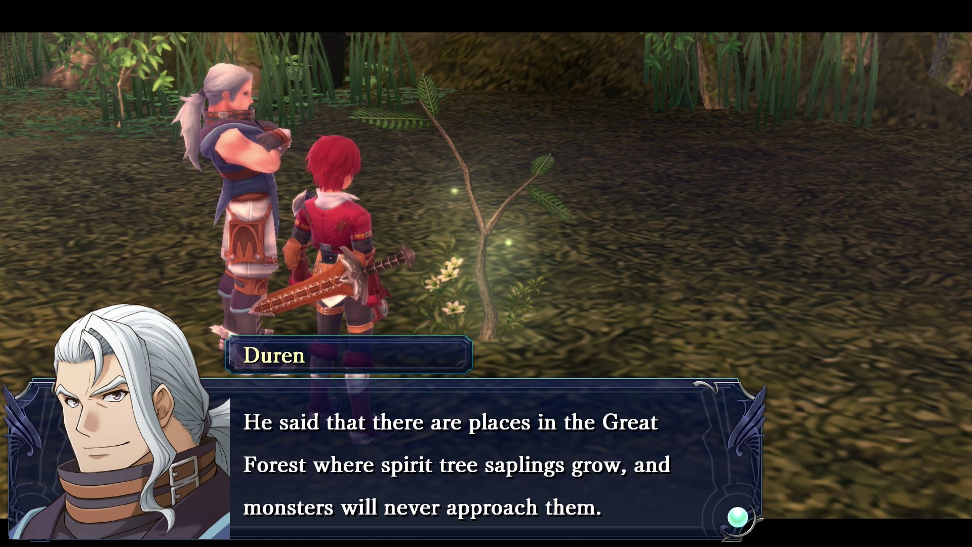 YsMemoireRevelationsInCelceta_Screenshot_Story_02 Two characters in a forest stand near a glowing spirit tree sapling. Dialogue box shows text about spirit tree saplings being safe from monsters.