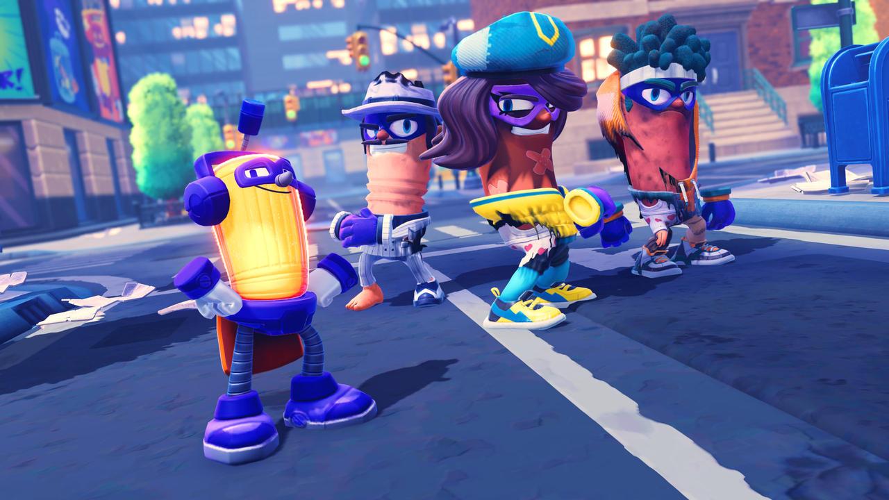 Four goofy Bandit Trap characters in different costumes, including a superhero and a fedora, standing in a bright city.