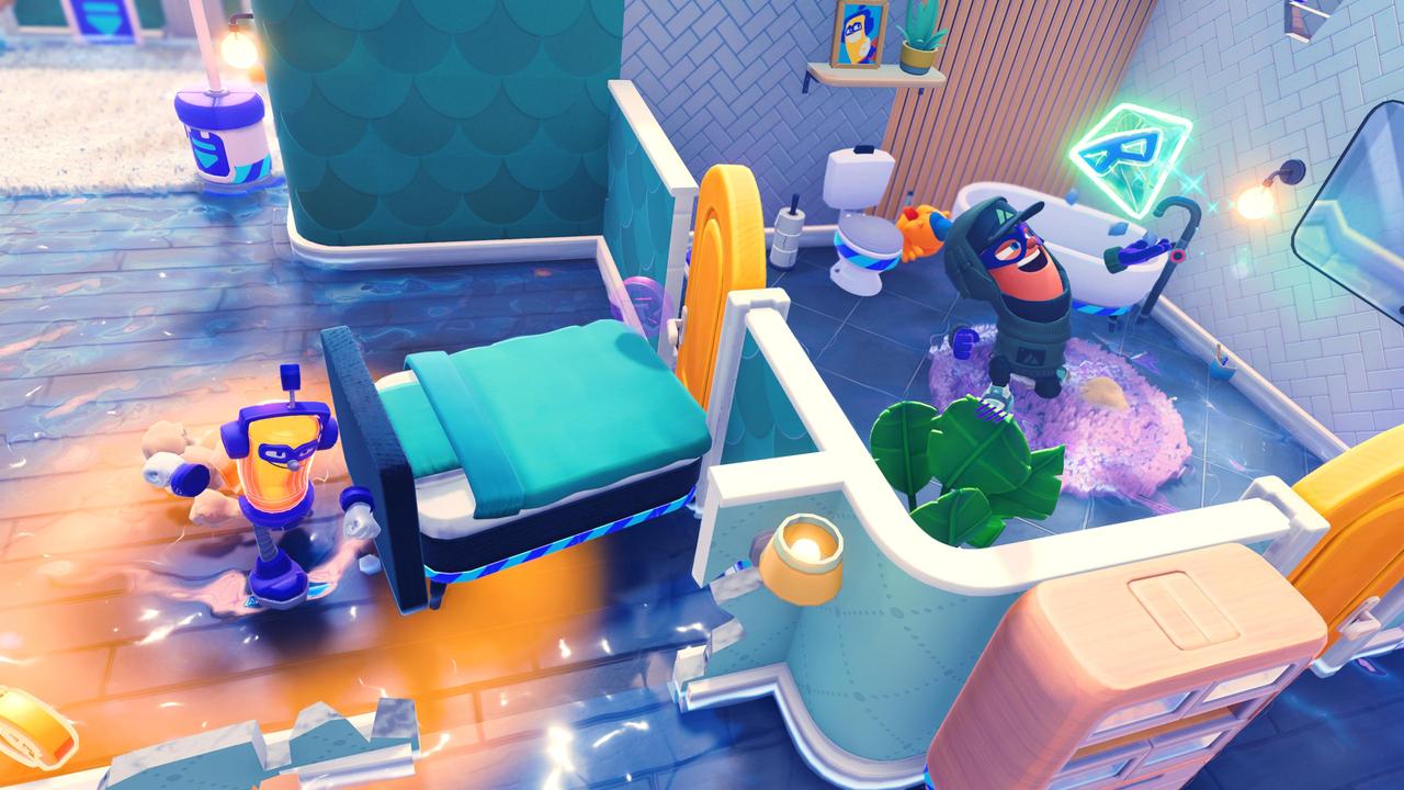 bandit character in a green suit stands in a flooded bathroom as he holds a glowing green diamond gem in Bandit Trap.
