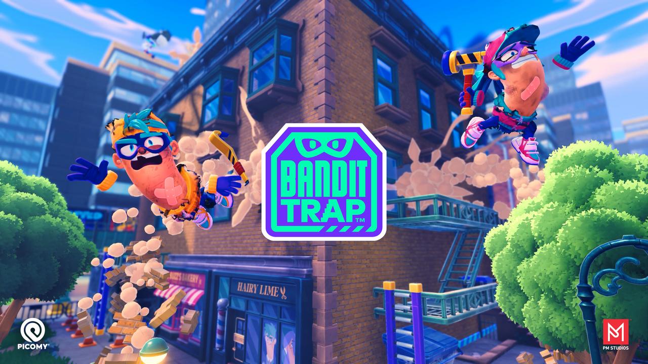 Two goofy characters in colorful outfits jumping near the Bandit Trap logo in a bright, cartoonish city setting.