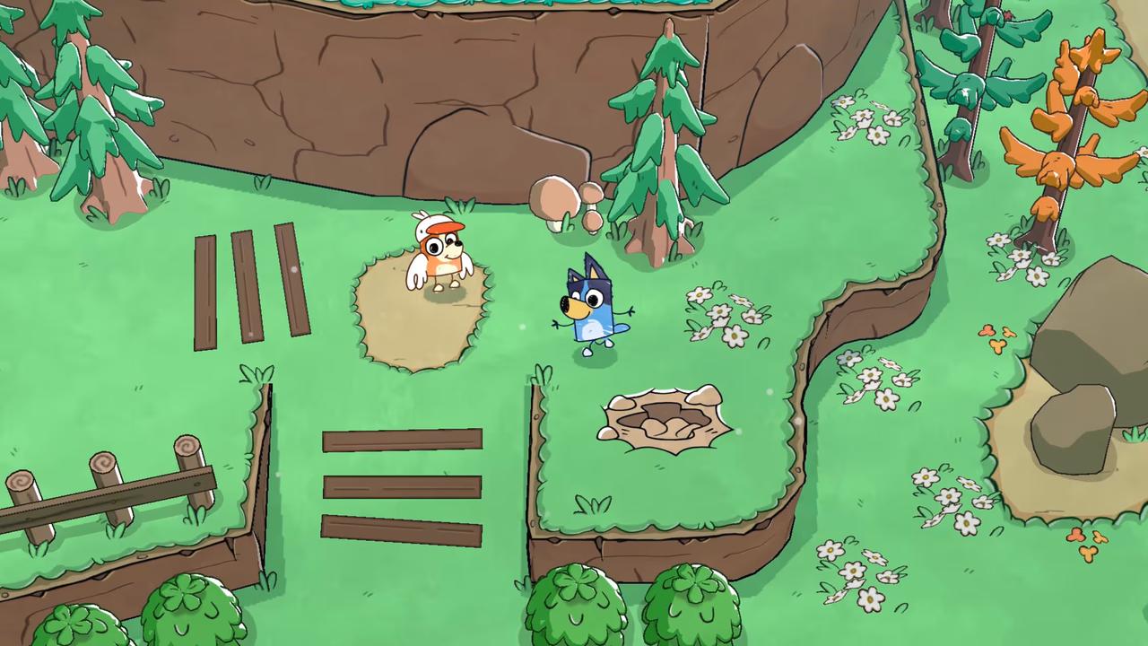 Bluey stands near Bingoose in a forest area in Bluey’s Quest for The Gold Pen.