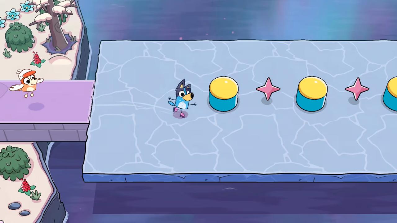 Bluey skates along an icy collectible route in Bluey’s Quest for The Gold Pen.