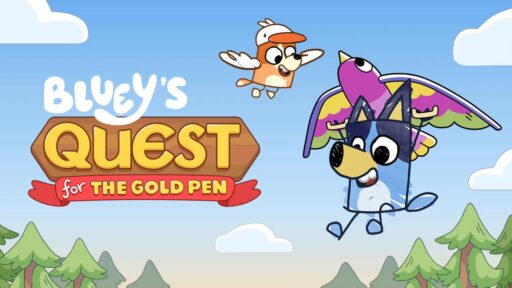Bluey’s Quest for The Gold Pen key art with Bluey and Bingoose in a drawn fantasy world.