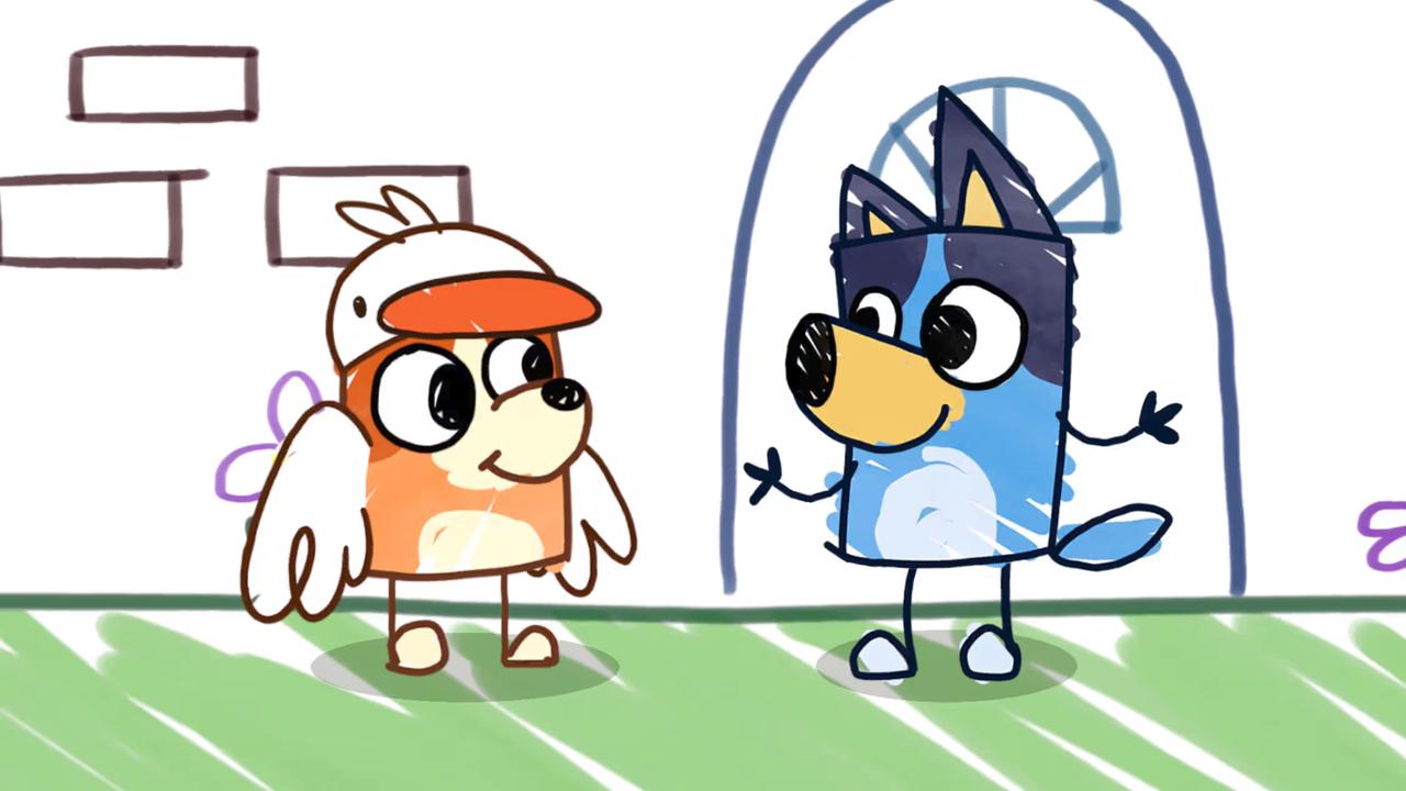 Bluey and Bingoose stand together in a hand-drawn scene in Bluey’s Quest for The Gold Pen.