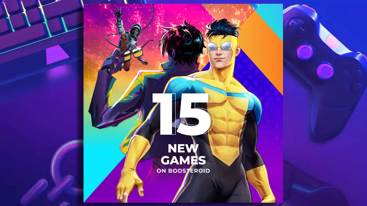 Title page for boosteroid adding 15 new games with Invincible standing