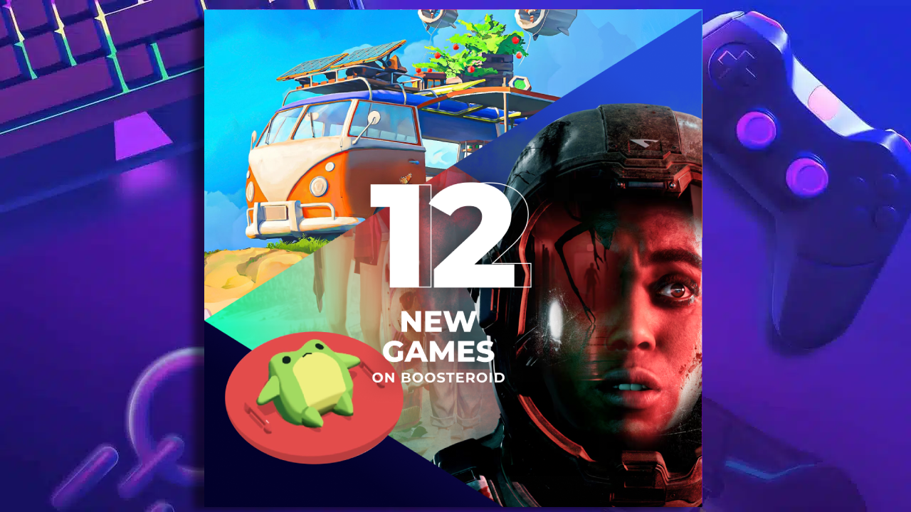 Title page for Boosteroid adding 15 new games with a woman in a space helmet