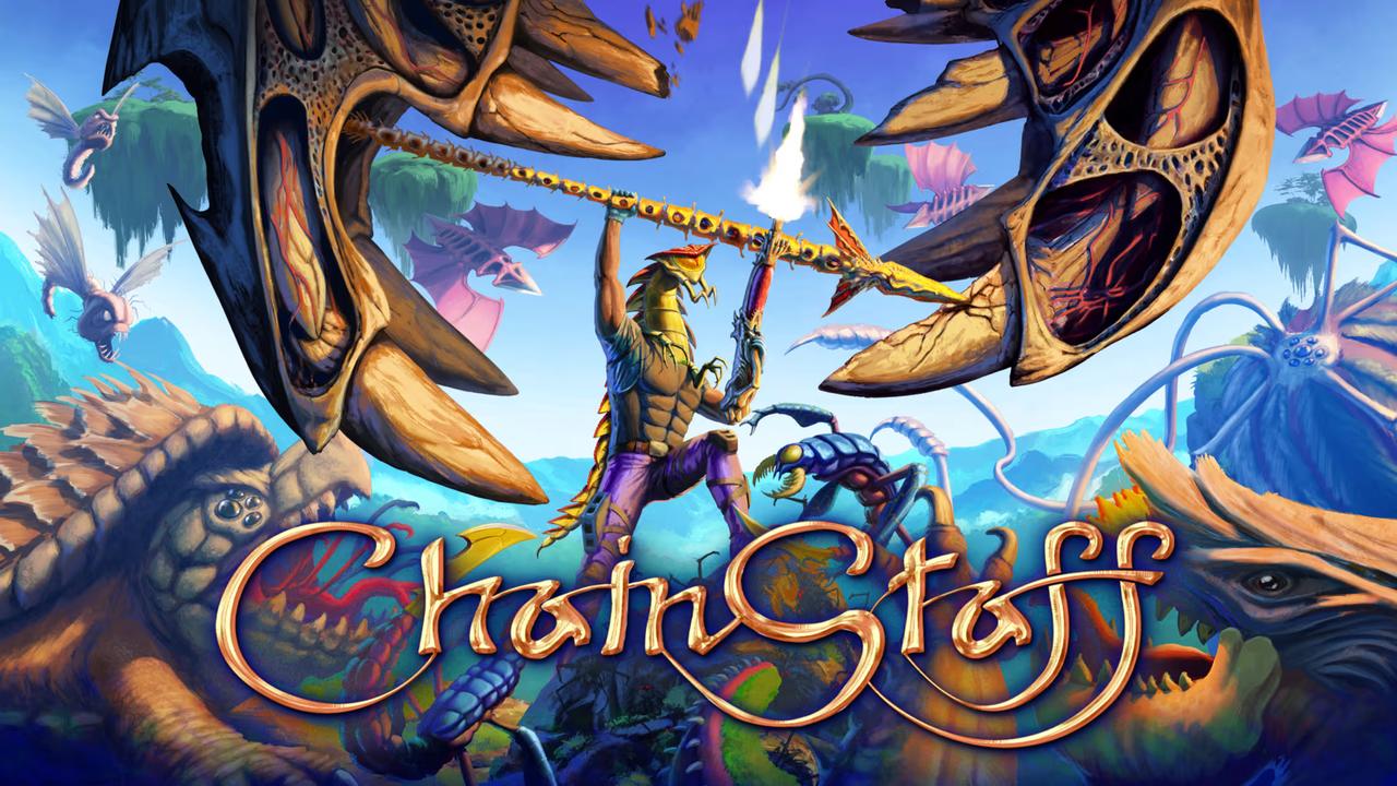 ChainStaff side-scroller key art featuring Sgt. Jesse Varlette wielding the signature chain staff weapon against alien bugs.