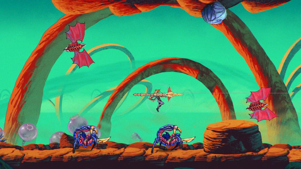 Sgt. Jesse Varlette navigating green alien arches using the chain staff grappling hook in ChainStaff