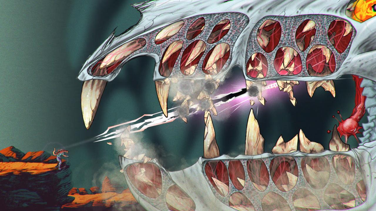 Sgt. Jesse Varlette facing a massive grotesque skeletal alien monster jaw in ChainStaff.