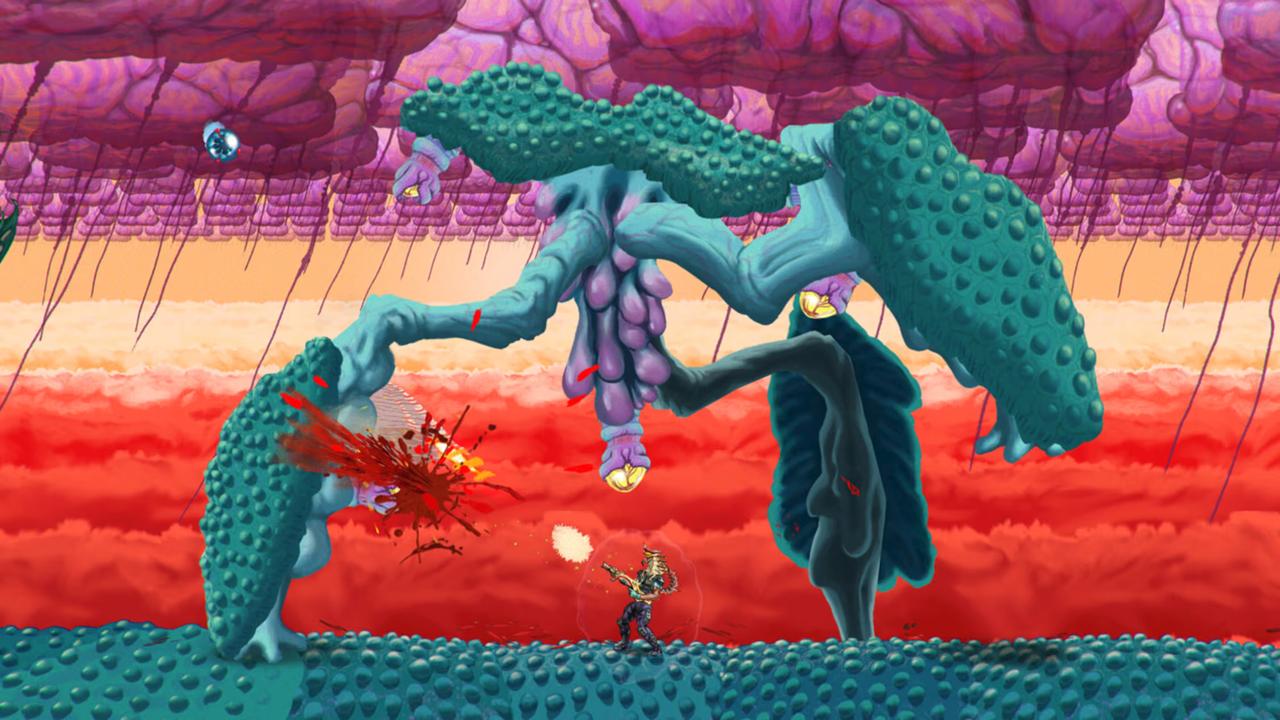 Sgt. Jesse Varlette firing his weapon at a giant blue and purple alien monster under a textured red and purple sky in ChainStaff.