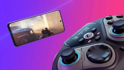 A phone running a cloud game beside a wireless controller with a colourful network-style background.