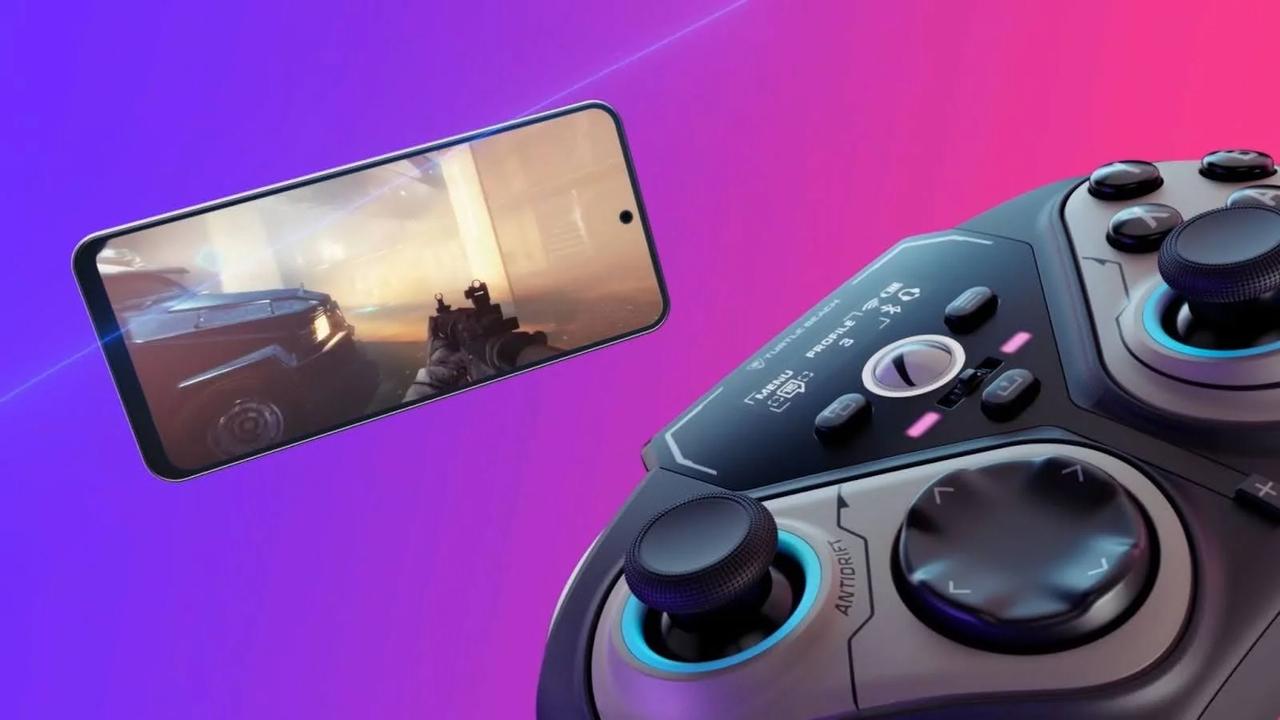 A phone running a cloud game beside a wireless controller with a colourful network-style background.