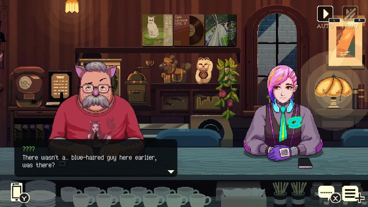 Coffee Talk Tokyo screenshot with two café regulars sitting at the counter during a dialogue scene.