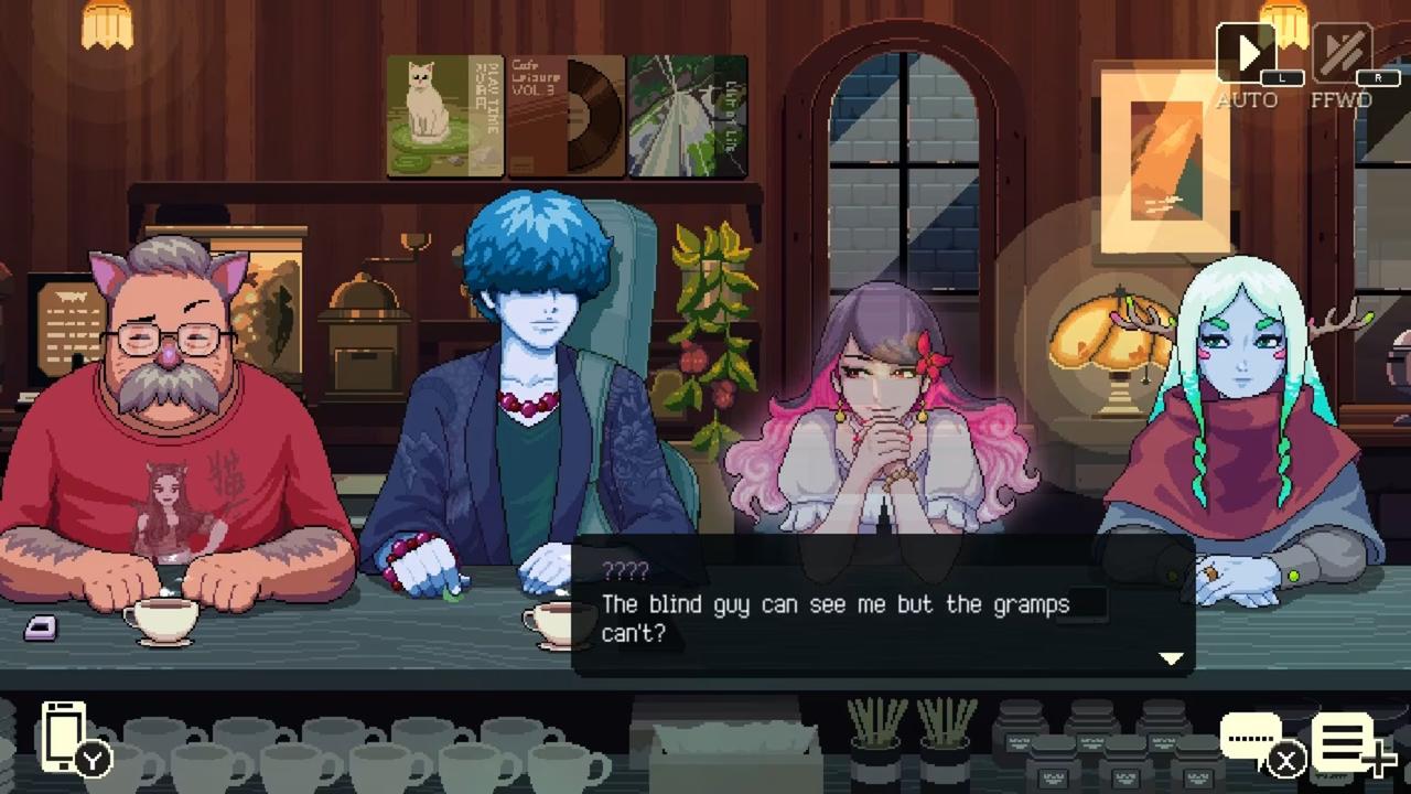 Coffee Talk Tokyo screenshot showing several café regulars sitting at the counter during a dialogue scene.