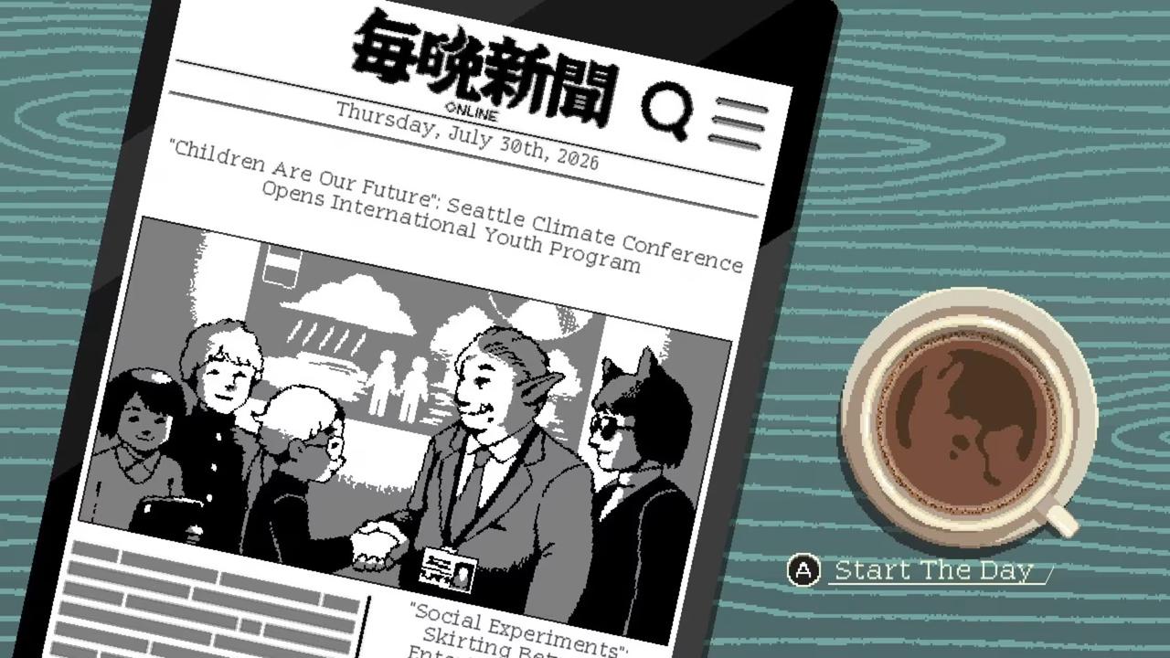 Coffee Talk Tokyo screenshot showing a newspaper, a cup of coffee, and the Start The Day prompt.