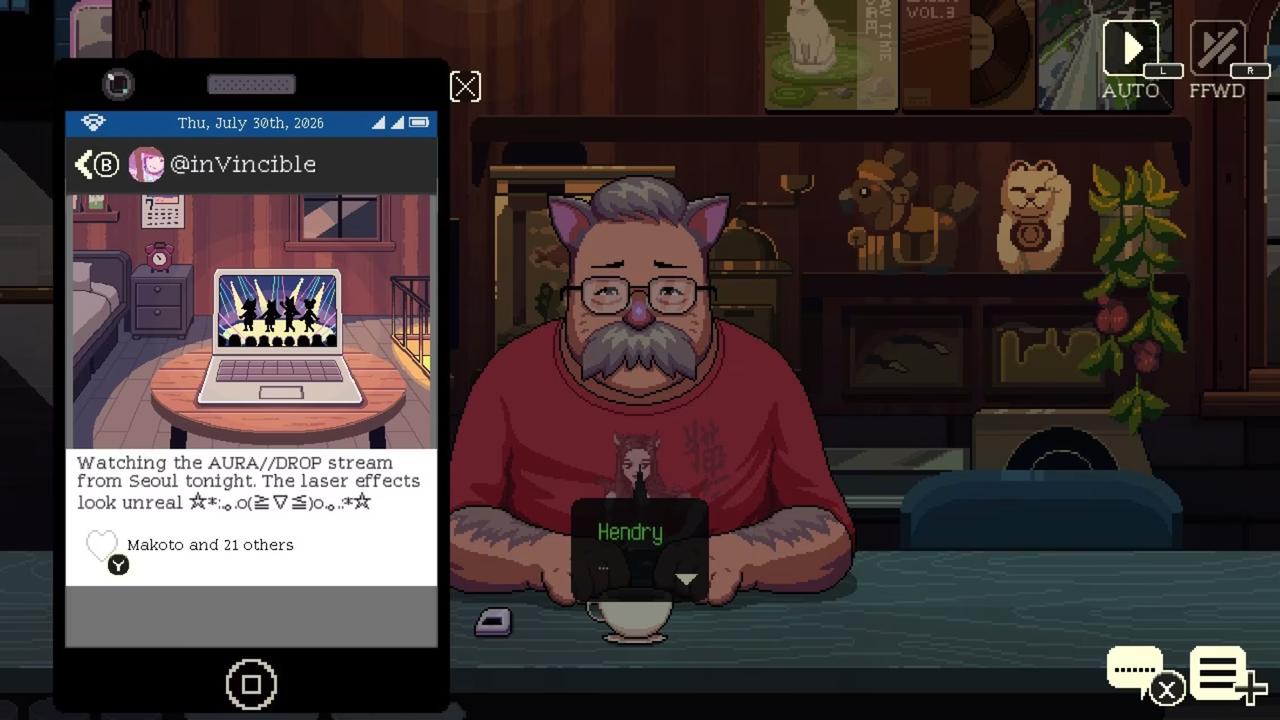 Coffee Talk Tokyo screenshot showing the Tomodachill social feed open on the in-game phone beside Hendry at the café counter.