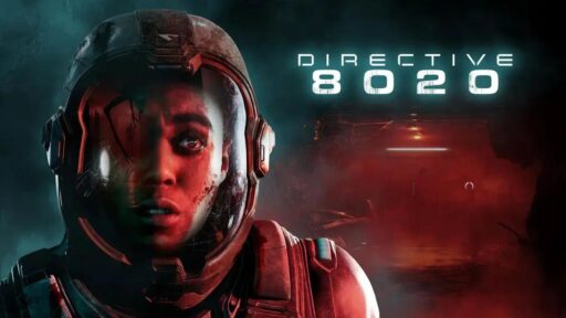 Lashana Lynch as Brianna Young wearing a cracked space helmet next to the Directive 8020 logo.