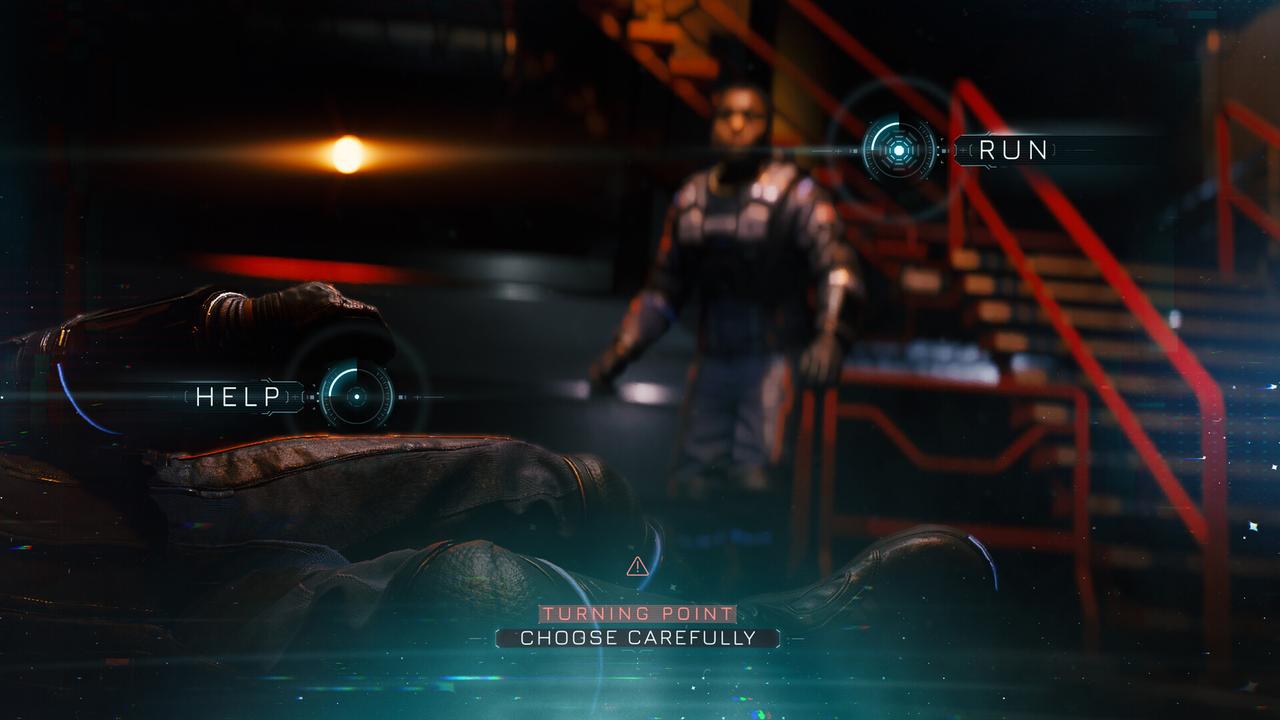 A high-stakes Turning Point choice in Directive 8020 featuring Help and Run prompts over a fallen crew member.
