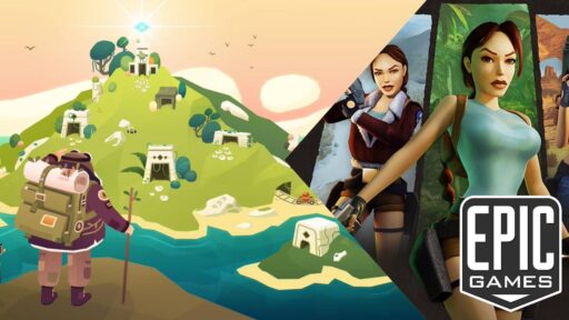 Epic Games Store free games image showing Down in Bermuda and Tomb Raider I-III Remastered Starring Lara Croft.