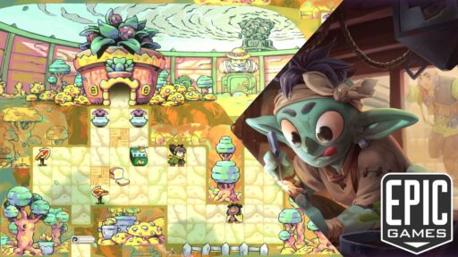 Promotional graphic for the Epic Games Store featuring grid-based gameplay from Arranger: A Role-Puzzling Adventure on the left and key art of a goblin cleaning an artifact from Trash Goblin on the right.