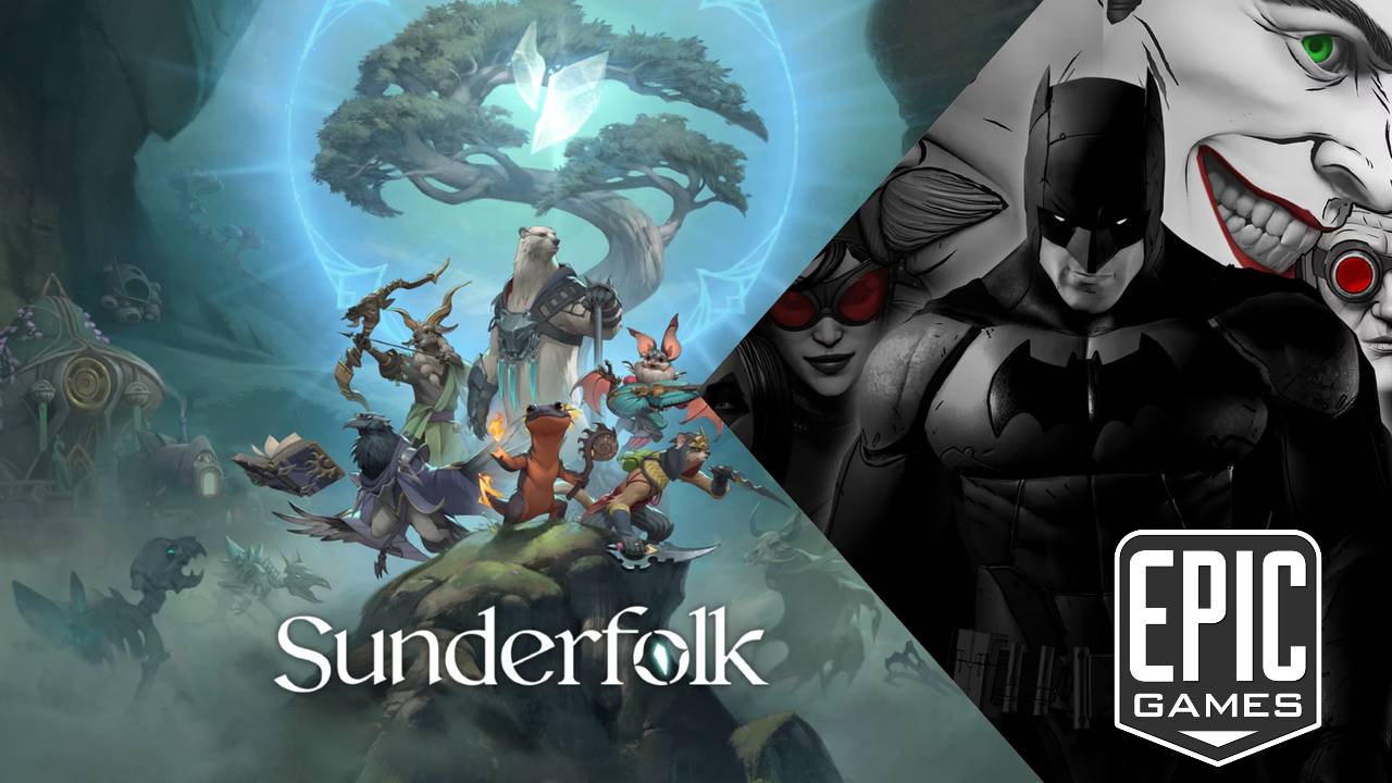 Promotional graphic for the Epic Games Store featuring key art from the tactical RPG Sunderfolk on the left and the narrative adventure game The Telltale Batman Shadows Edition on the right.