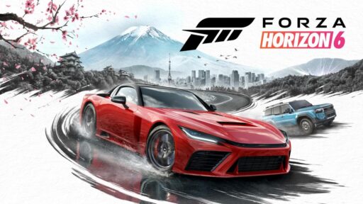 A red Toyota sports car and a blue SUV drifting along a winding mountain road in Japan with Mount Fuji and cherry blossom trees in Forza Horizon 6.