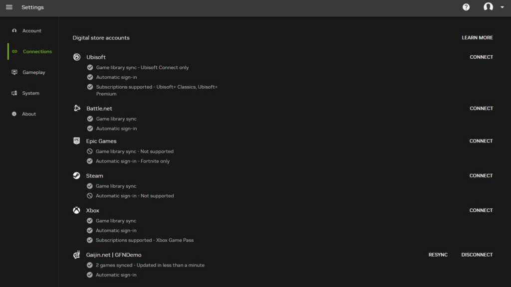 GeForce NOW Connections menu showcasing the new Gaijin.net support