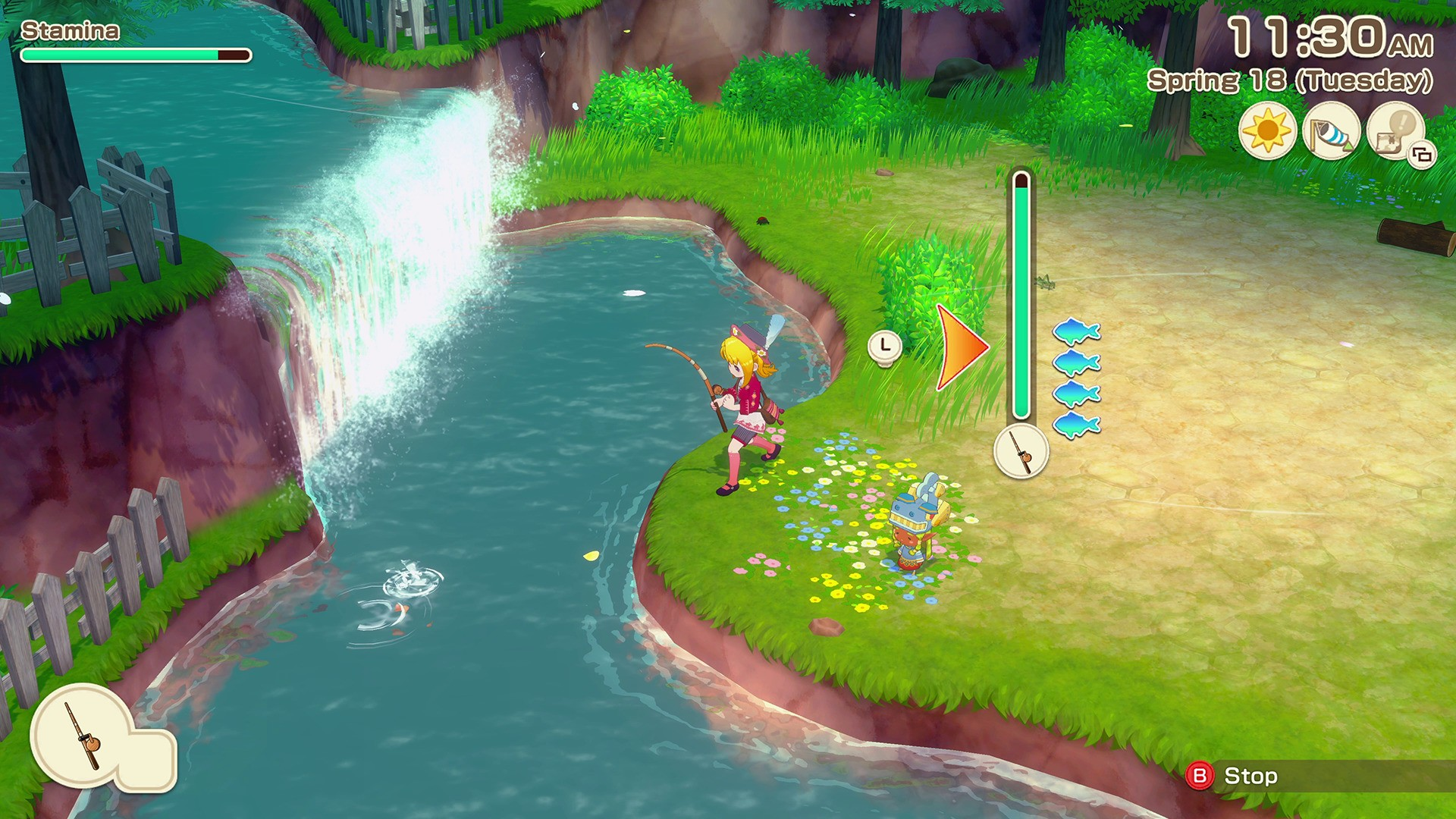 In-game fishing scene by waterfall Character fishing by a river with a waterfall in a colorful game environment showing stamina, time 11:30 AM, and Spring 18 Tuesday