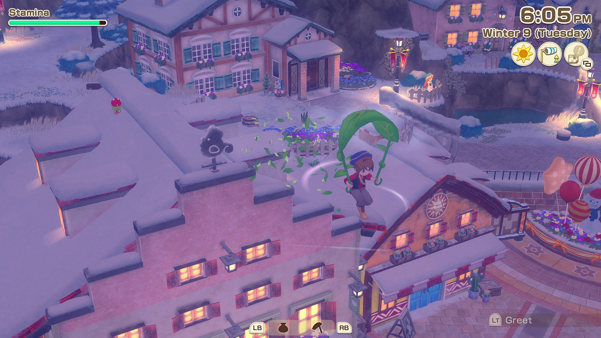 Winter village scene with character gliding Video game scene of a character flying with large green leaves over snowy rooftops in a village at 6:05 PM on Winter 9, with stamina bar and weather icons visible