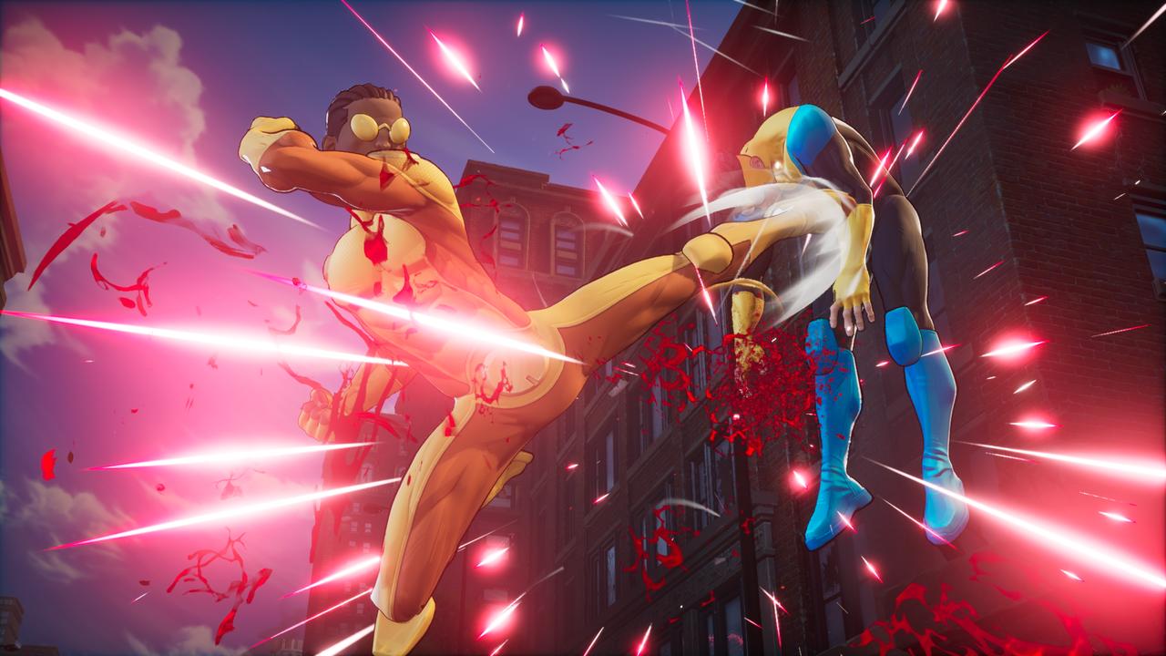 Battle Beast delivers a brutal cinematic kick to Invincible mid-air with blood effects flying in Invincible VS.