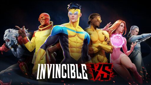 The Invincible VS roster posed together in key art, featuring Invincible at centre flanked by Atom Eve, Rex Splode, and other characters from the franchise.