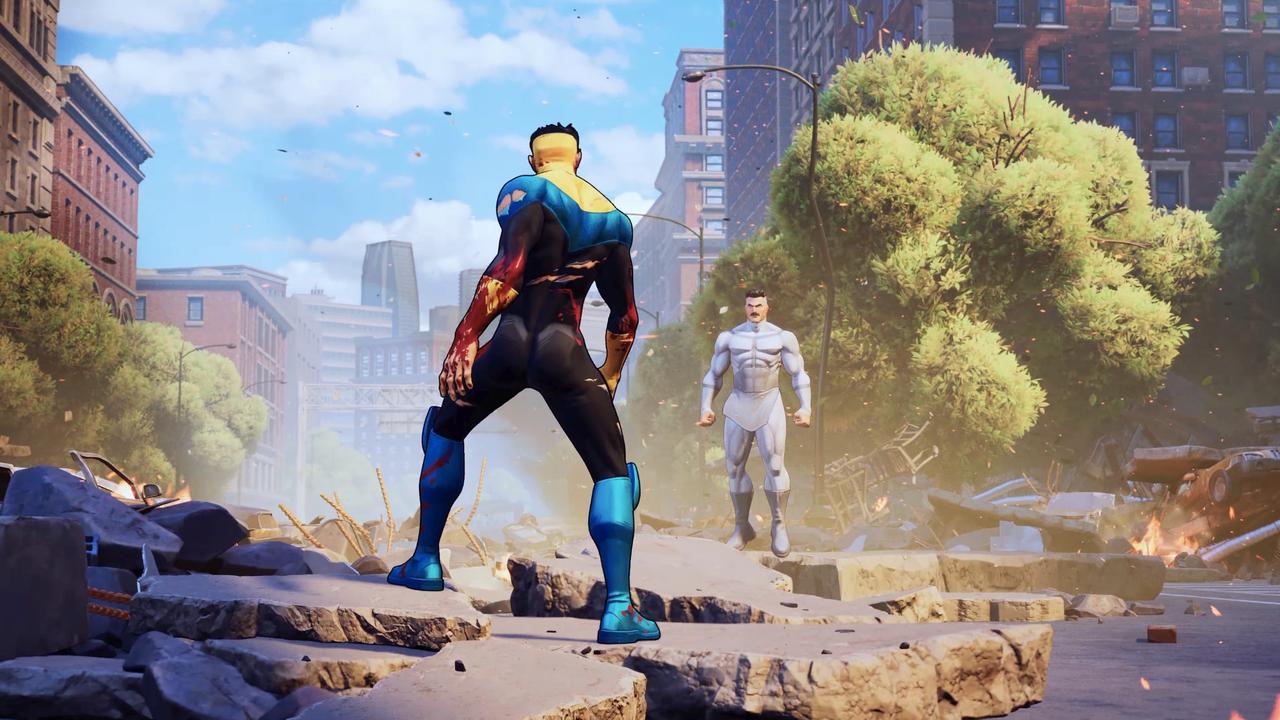A battered Invincible faces off against Omni-Man in a destroyed city street in Invincible VS story mode.