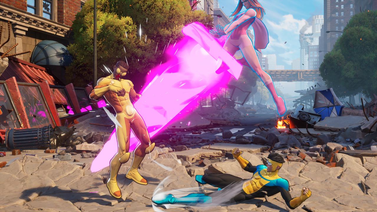 Atom Eve tags in mid-air with a massive pink energy blast while Rex Splode faces off against a downed Invincible in Invincible VS.