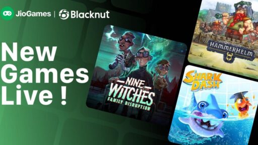 JioGames Cloud and Blacknut graphic showing new games live with Nine Witches: Family Disruption, Shark Dash, and HammerHelm cover art.