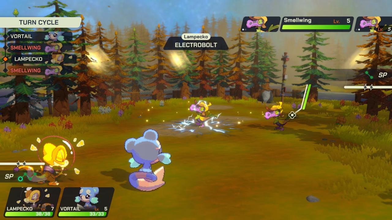 A 4v4 Animon battle in LumenTale: Memories of Trey showing turn order and SP.