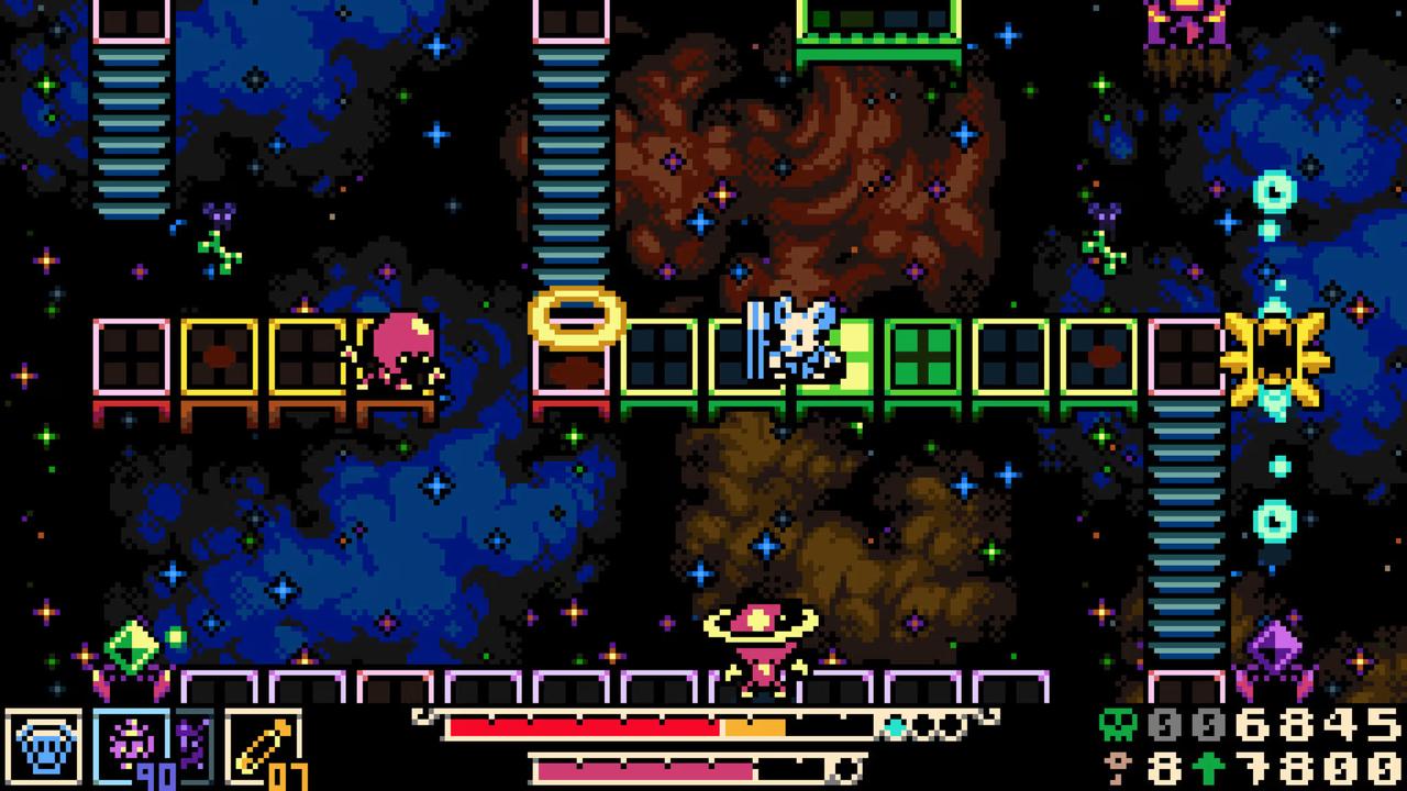 Mina explores a pixel art area of Tenebrous Isle with platforms, hazards, and glowing environmental details in Mina the Hollower.