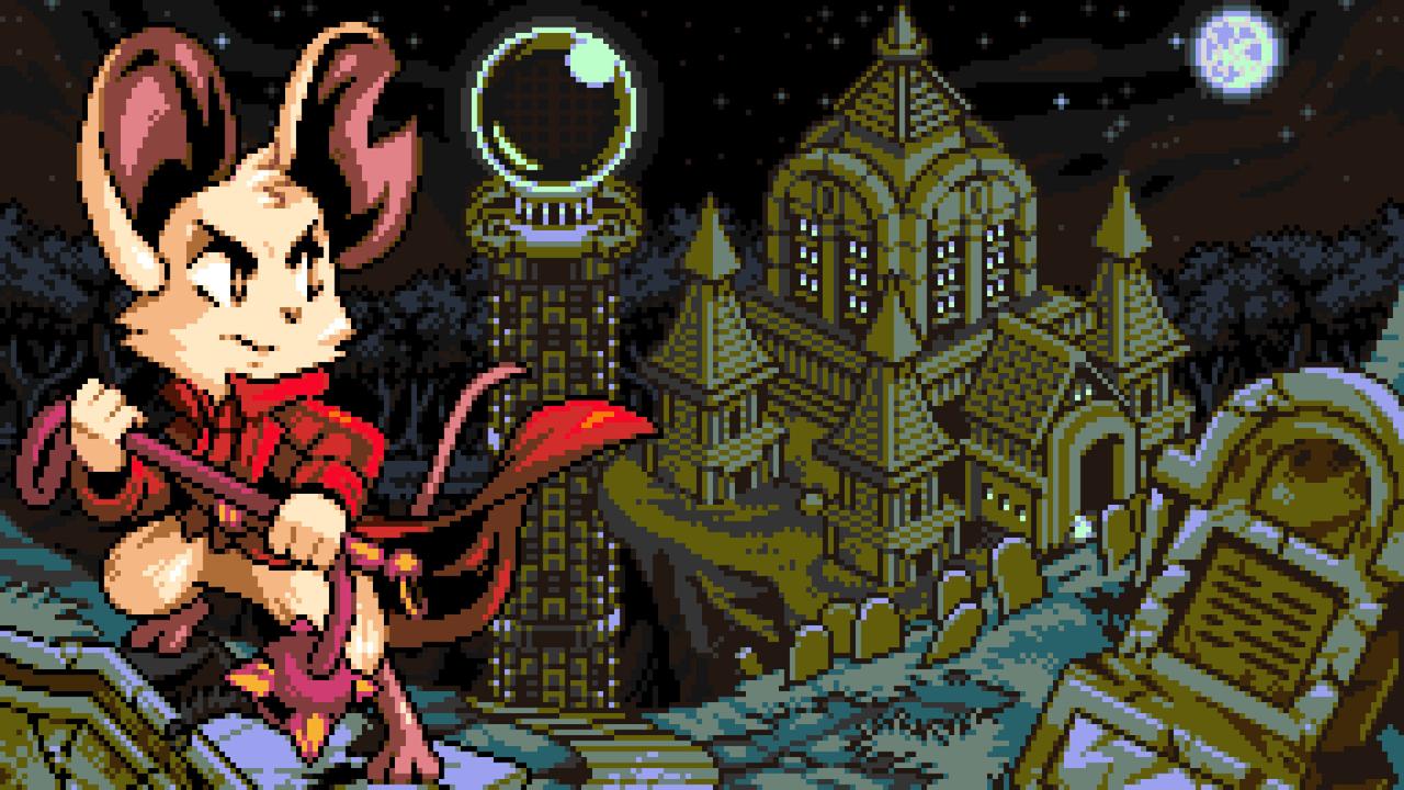 Mina stands in front of a gothic city scene in Mina the Hollower.