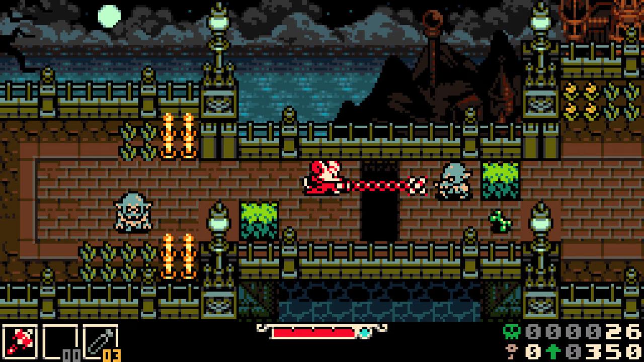 Mina attacks an enemy with her weapon in a side-view pixel art combat area in Mina the Hollower.