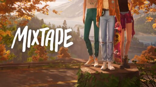 The stylized Mixtape game logo next to three teenagers standing on a tree stump with a skateboard, set against an autumn backdrop in Northern California.