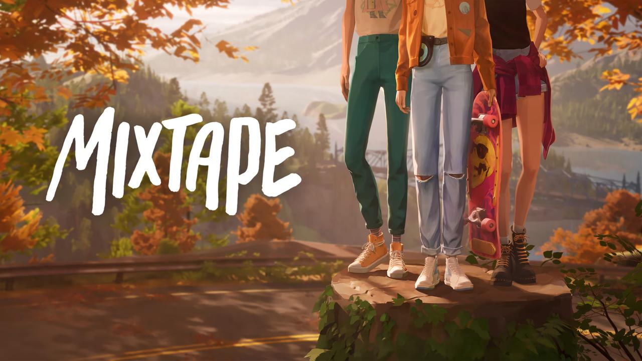 The stylized Mixtape game logo next to three teenagers standing on a tree stump with a skateboard, set against an autumn backdrop in Northern California.