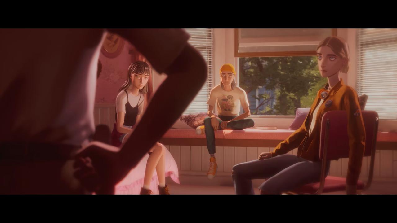 Cassandra, Van, and Stacey hanging out in a bedroom bathed in dreamlike light in the game Mixtape.