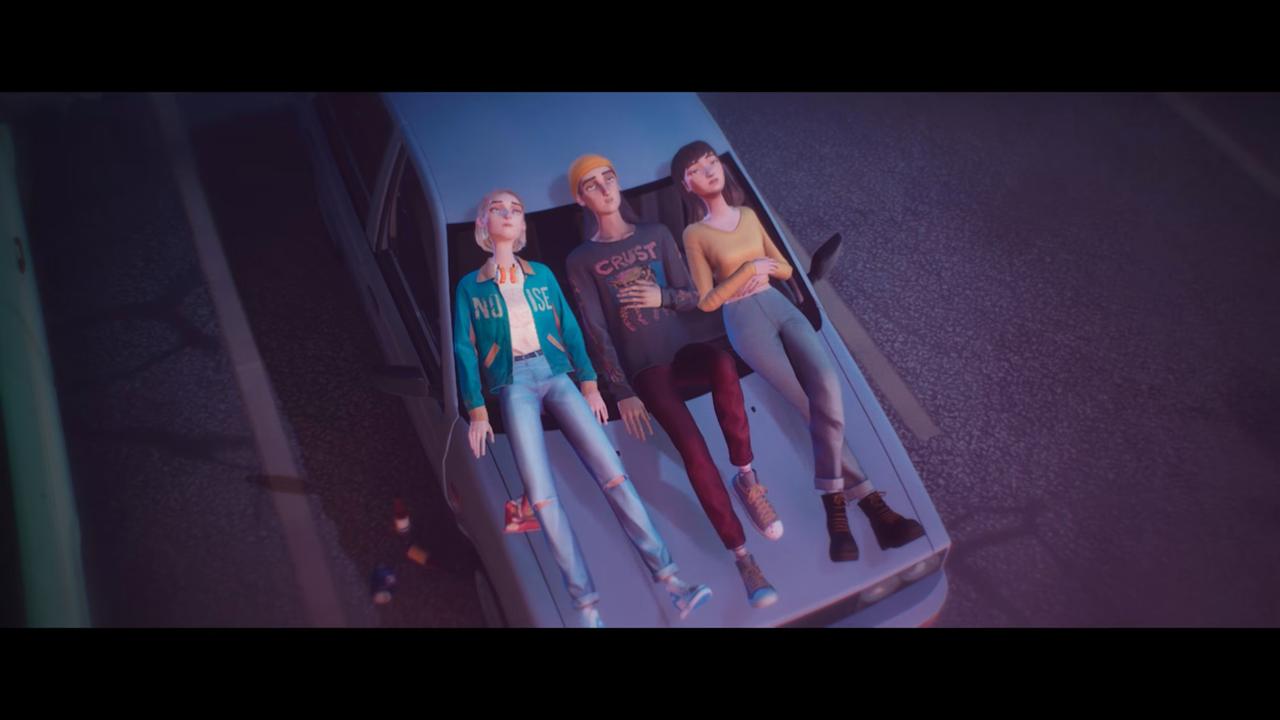 Stacey, Van, and Cassandra lying on the hood of a car bathed in purple light during a calm nighttime scene in the game Mixtape.