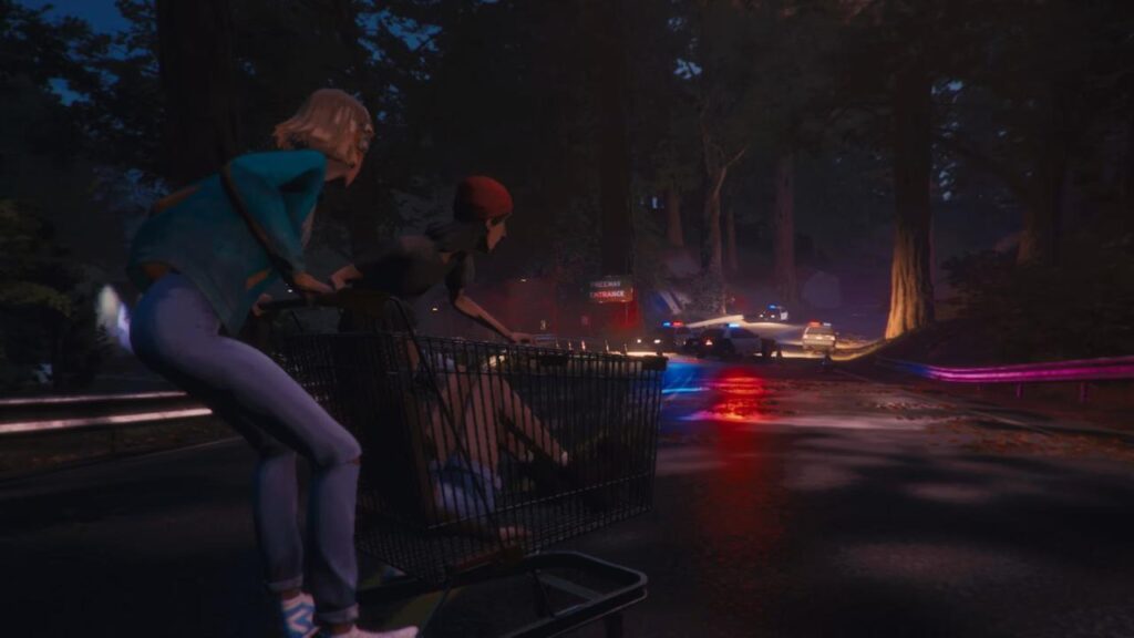 Stacey and Van pushing Cass in a shopping cart towards a police roadblock at night in the game Mixtape.