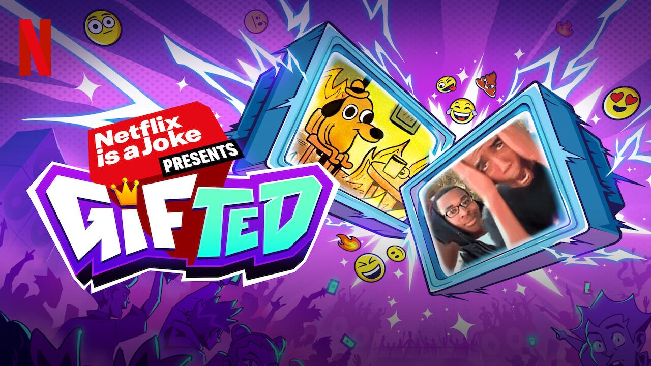 Promotional key art for Netflix is a Joke Presents: Gifted party game showing the title logo alongside the This is Fine dog meme and Conceited reaction meme on television screens.